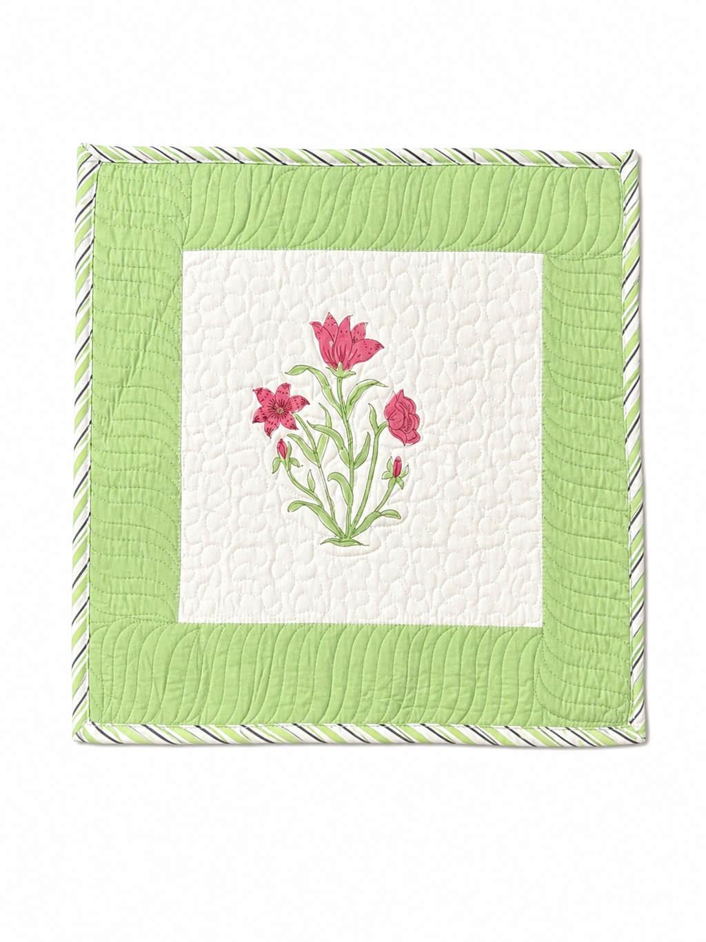 Green and pink flower Hand Block Quilted Cushion Cover