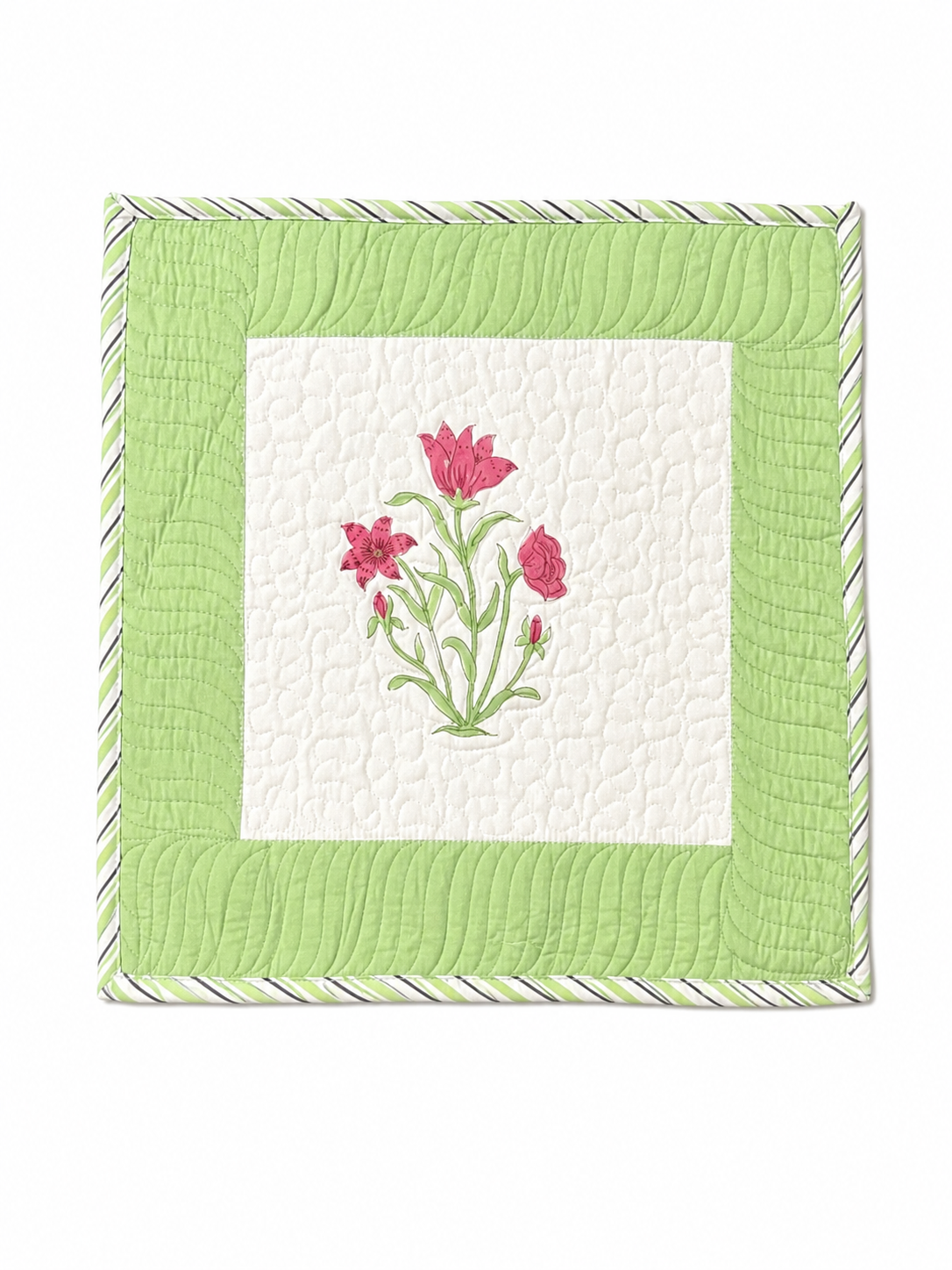 Green and pink flower Hand Block Quilted Cushion Cover