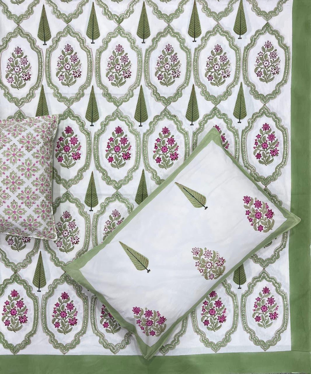 Green Pink Mughal Hand Block Print Bedsheet