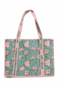 Grey and green floral hand block print large tote