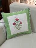 Green and pink flower Hand Block Quilted Cushion Cover