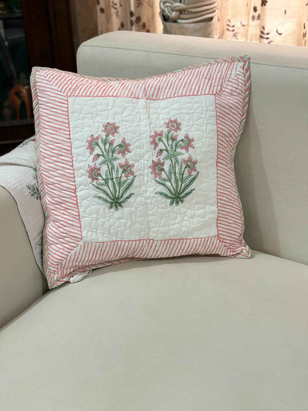 Pastel pink and green Hand Block Quilted Cushion Cover