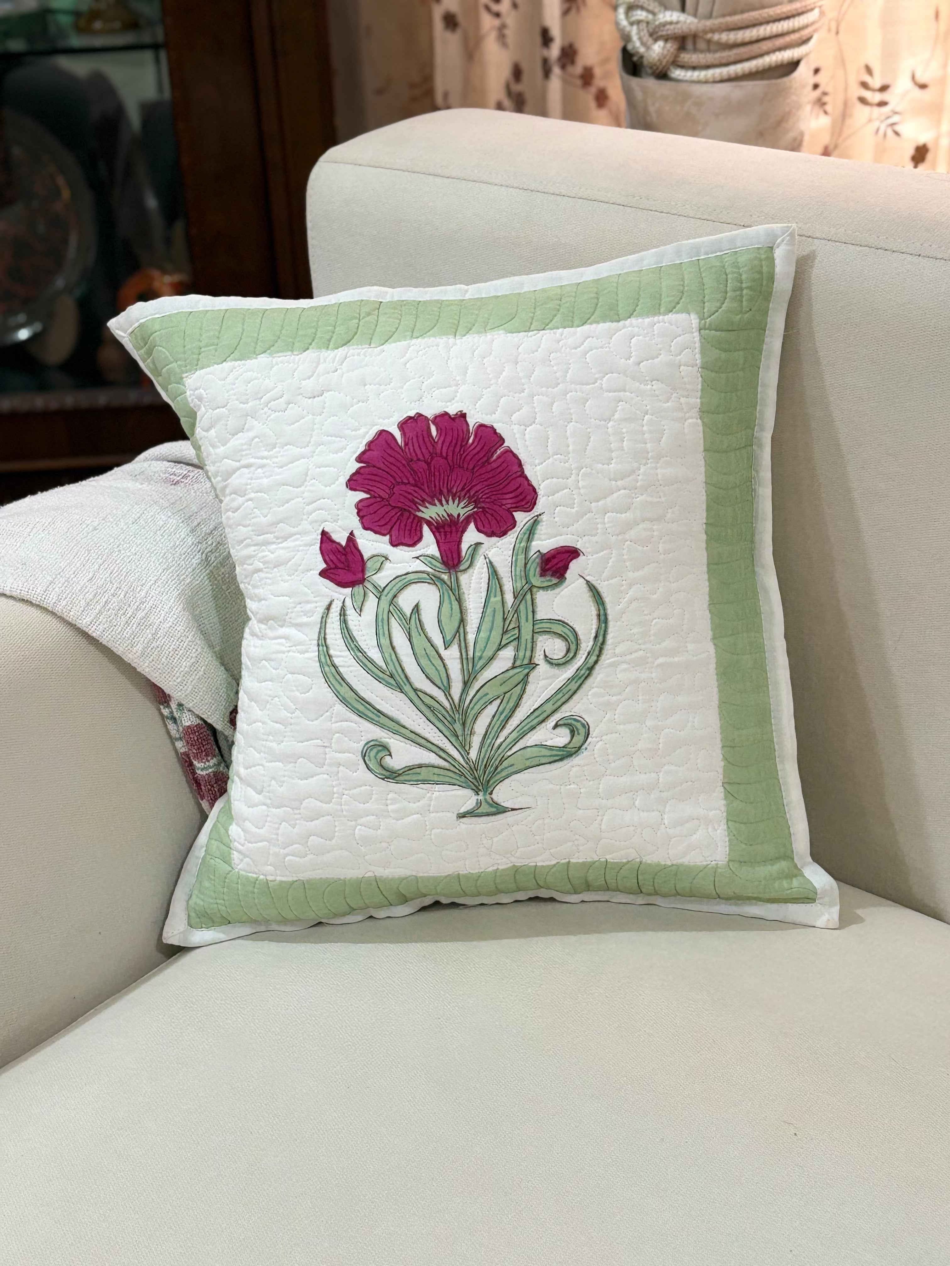 Green and Magenta Hand Block Quilted Cushion Cover