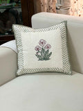 White and pink poppy Hand Block Quilted Cushion Cover