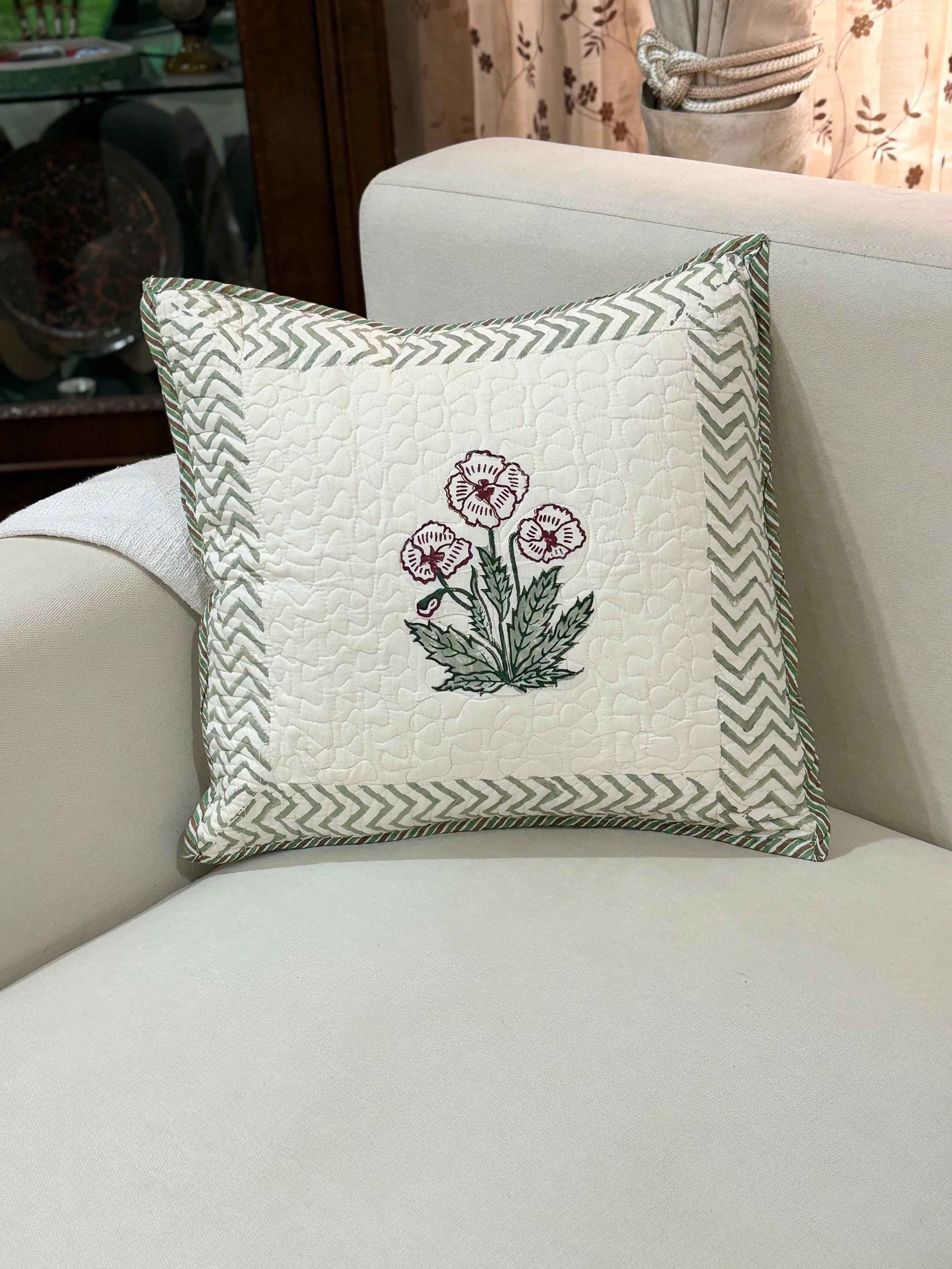 White and pink poppy Hand Block Quilted Cushion Cover