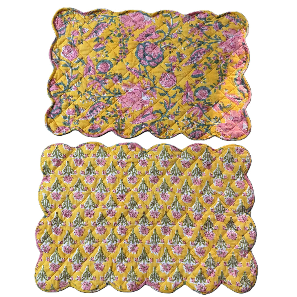 Sun-Kissed Yellow Hand Block Print Quilted Scallop Placemat pair