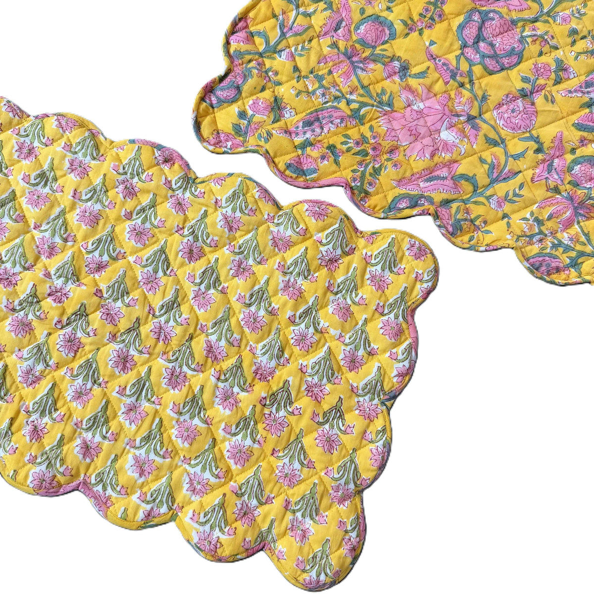Sun-Kissed Yellow Hand Block Print Quilted Scallop Placemat pair