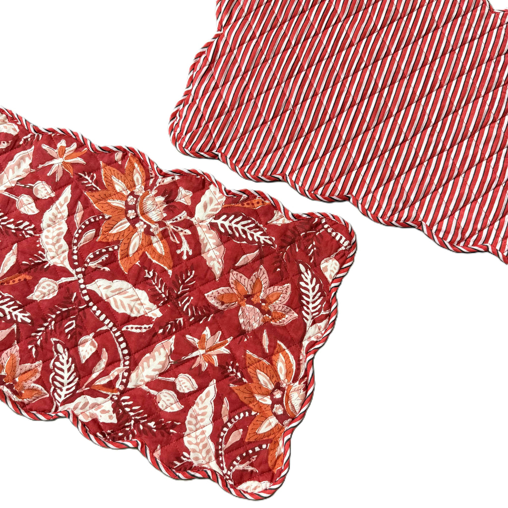 Ruby Red Hand Block Print Quilted Scallop Placemat pair