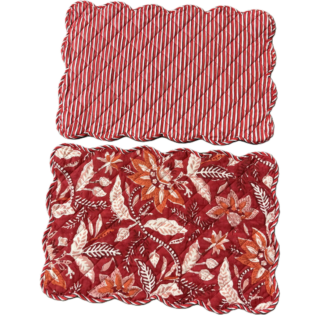 Ruby Red Hand Block Print Quilted Scallop Placemat pair