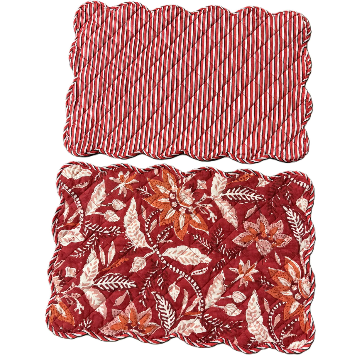 Ruby Red Hand Block Print Quilted Scallop Placemat pair