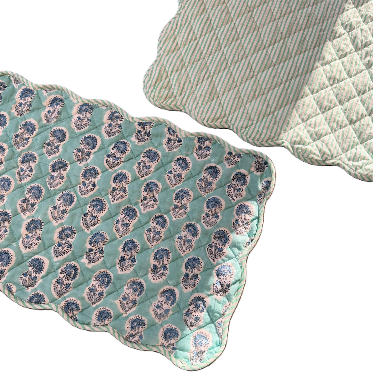 Aqua Blue Hand Block Print Quilted Scallop Placemat pair