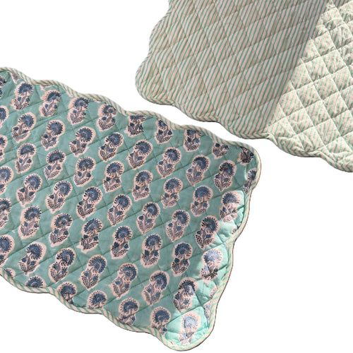 Aqua Blue Hand Block Print Quilted Scallop Placemat pair