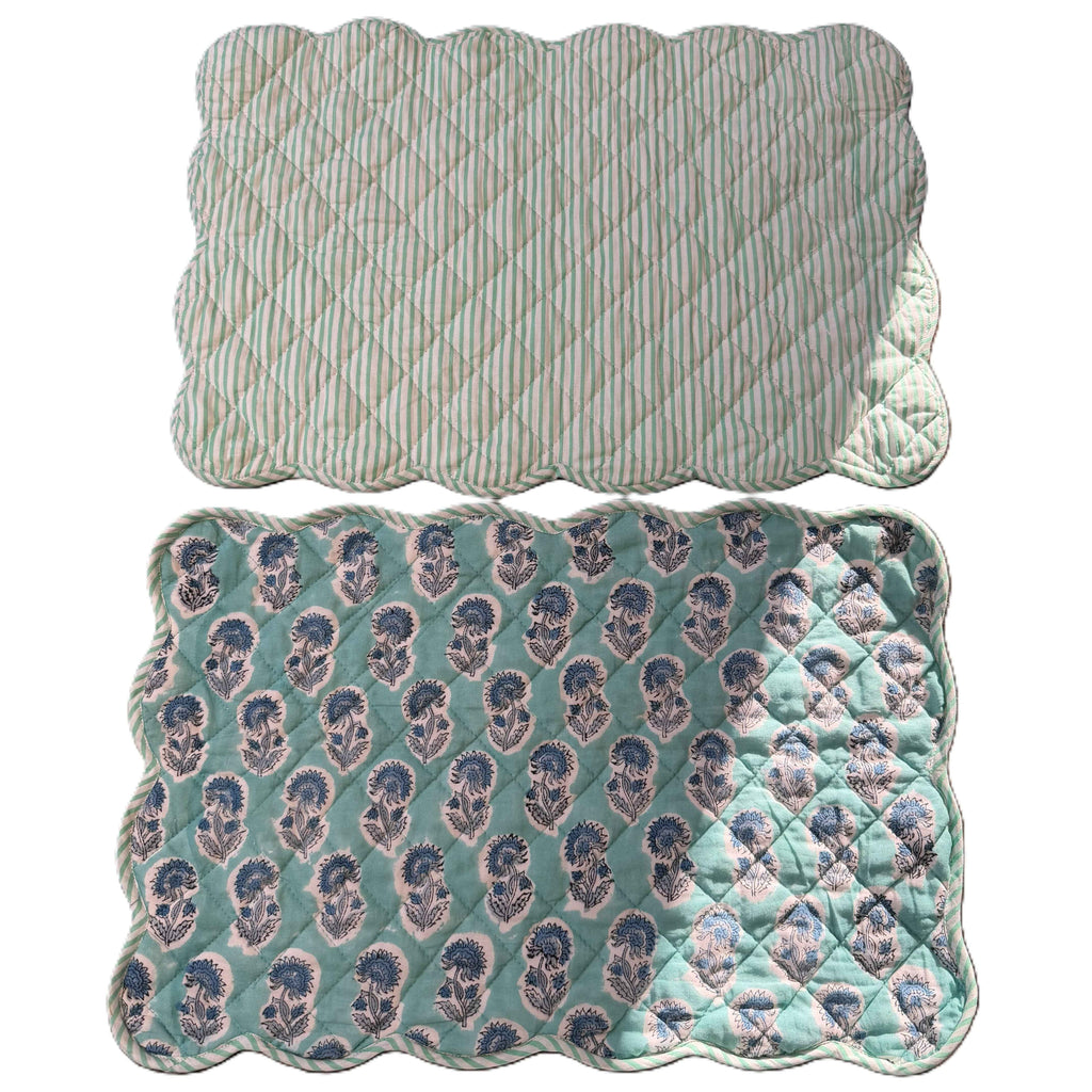 Aqua Blue Hand Block Print Quilted Scallop Placemat pair