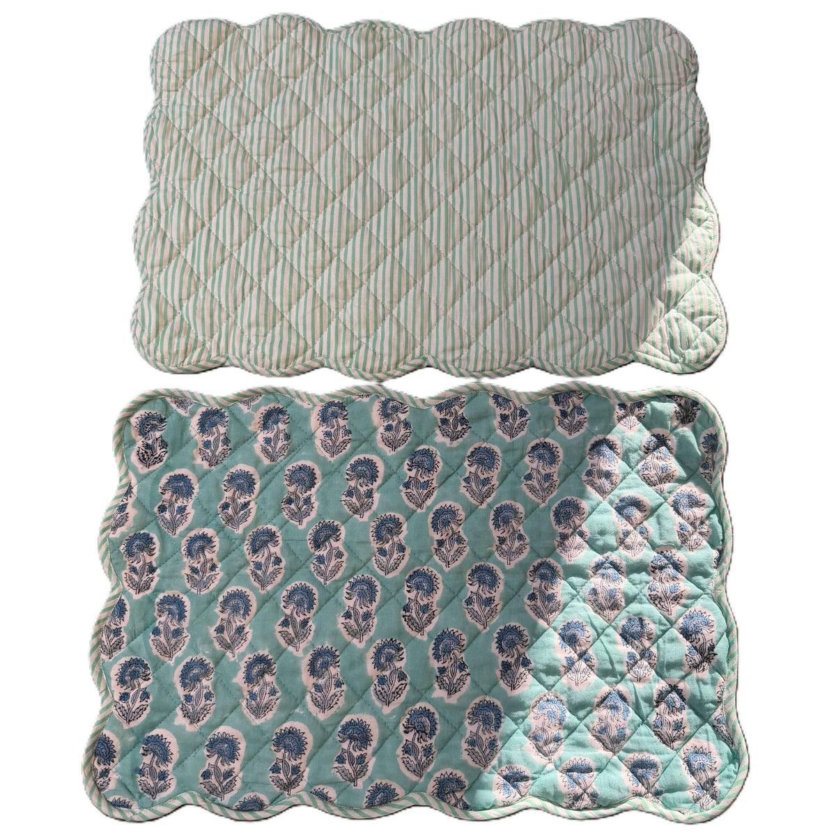 Aqua Blue Hand Block Print Quilted Scallop Placemat pair