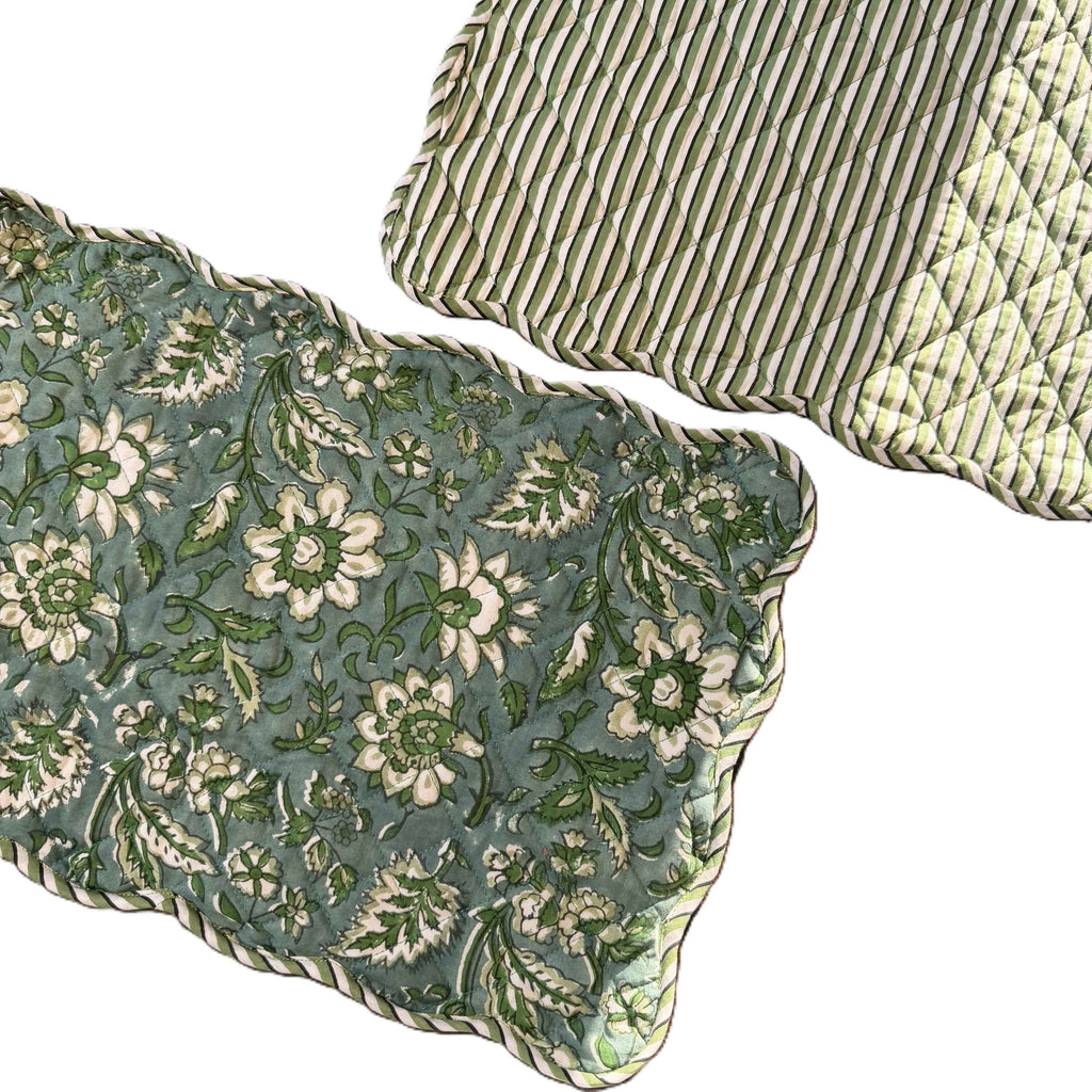 Earthy Green Hand Block Print Quilted Scallop Placemat Pair