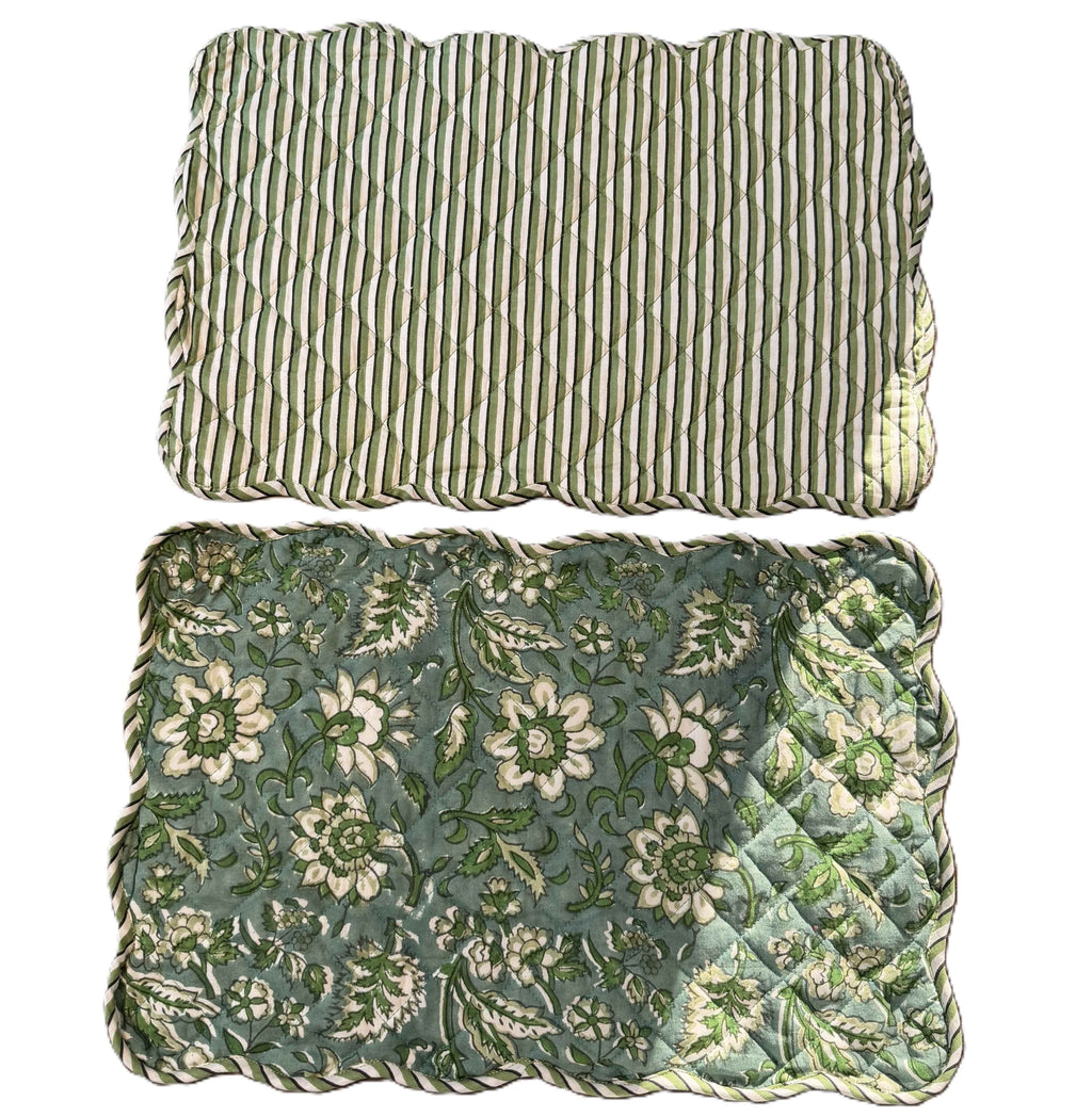 Earthy Green Hand Block Print Quilted Scallop Placemat Pair