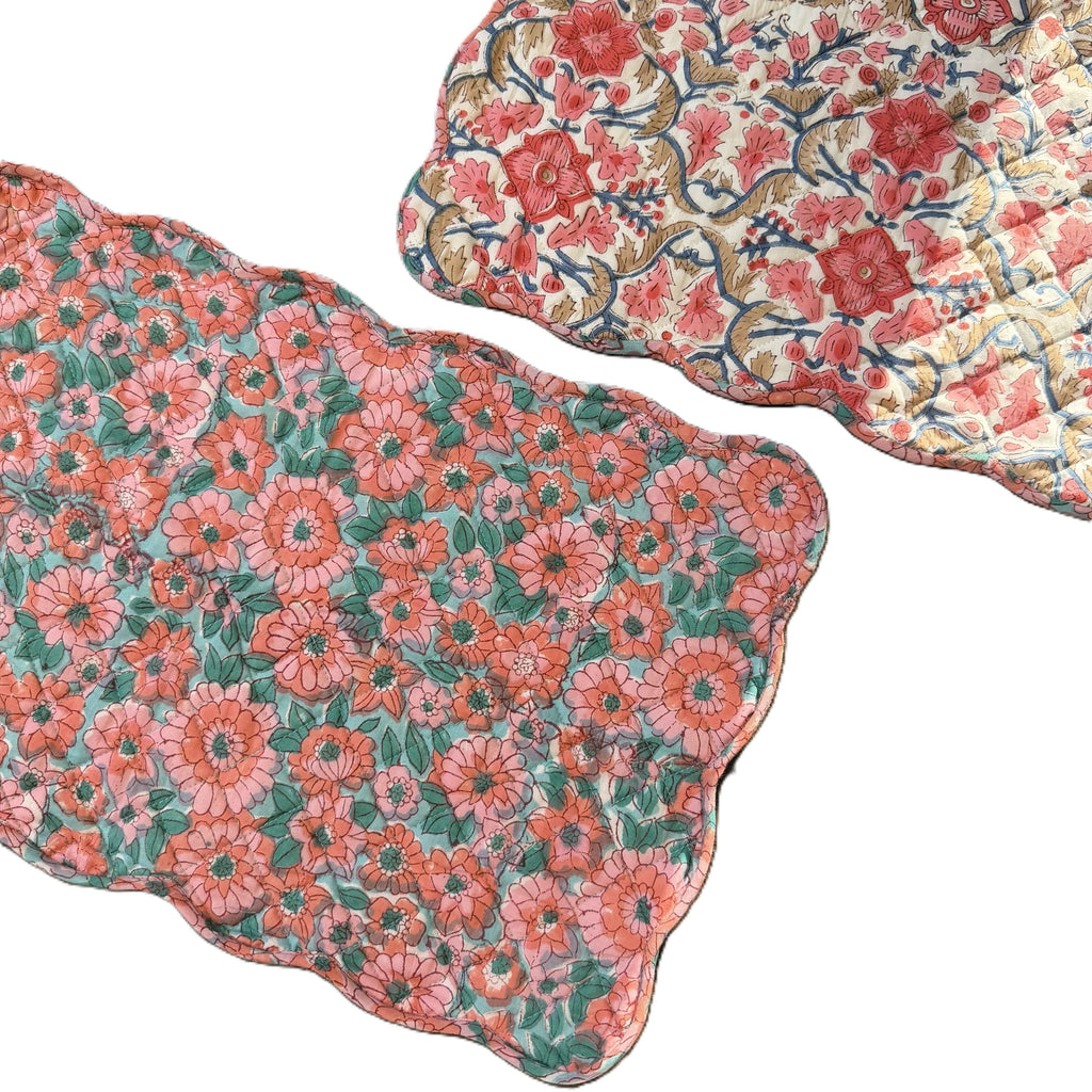 Peach & Pink Hand Block Print Quilted Scallop Placemat Pair