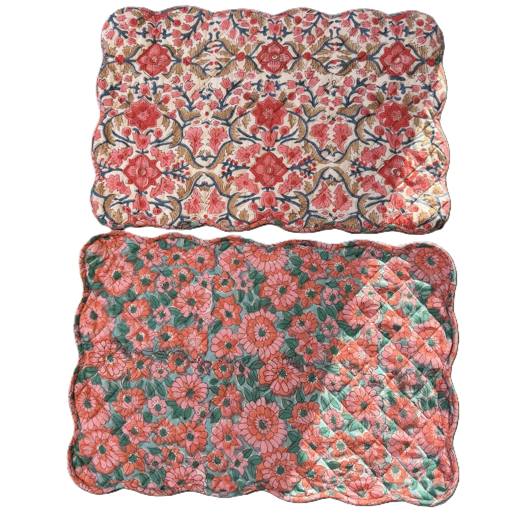 Peach & Pink Hand Block Print Quilted Scallop Placemat Pair