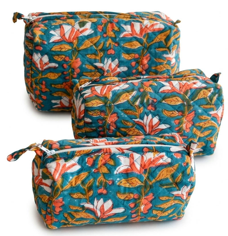 Multicolour Hand Block Print Quilted Cotton Pouch Set of 3