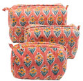 Orange Hand Block Print Quilted Cotton Pouch Set of 3