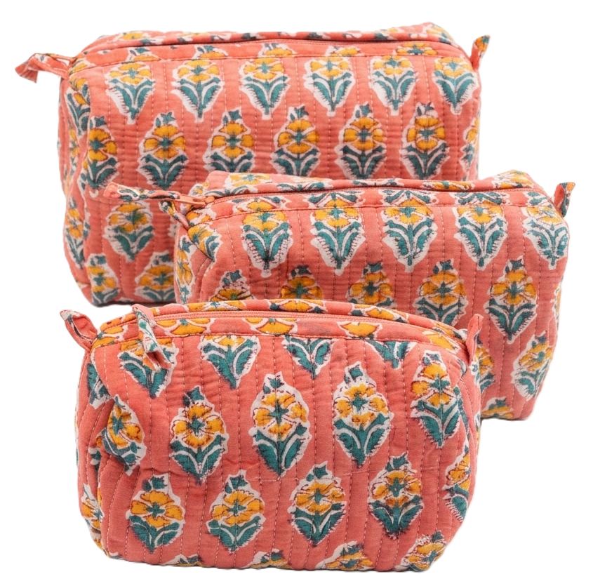 Orange Hand Block Print Quilted Cotton Pouch Set of 3
