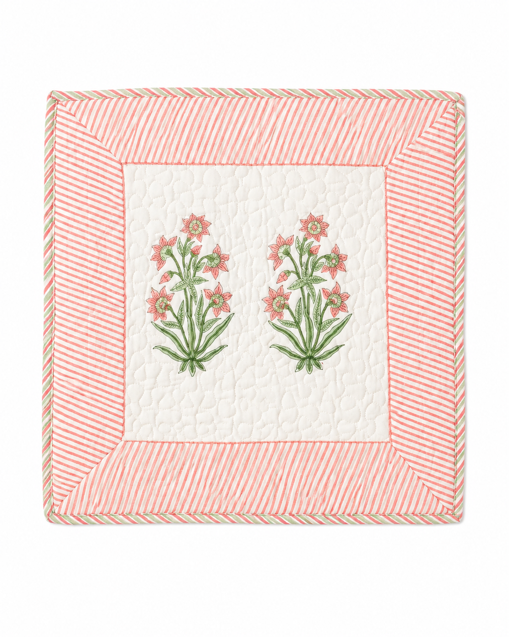 Pastel pink and green Hand Block Quilted Cushion Cover