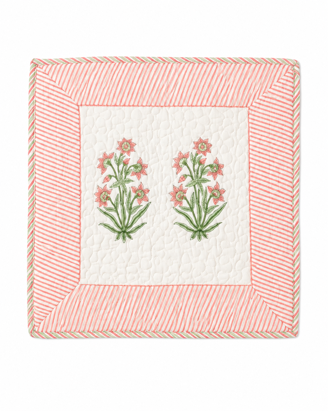 Pastel pink and green Hand Block Quilted Cushion Cover