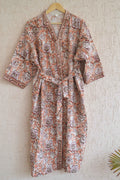 Peach floral hand block print bathrobe