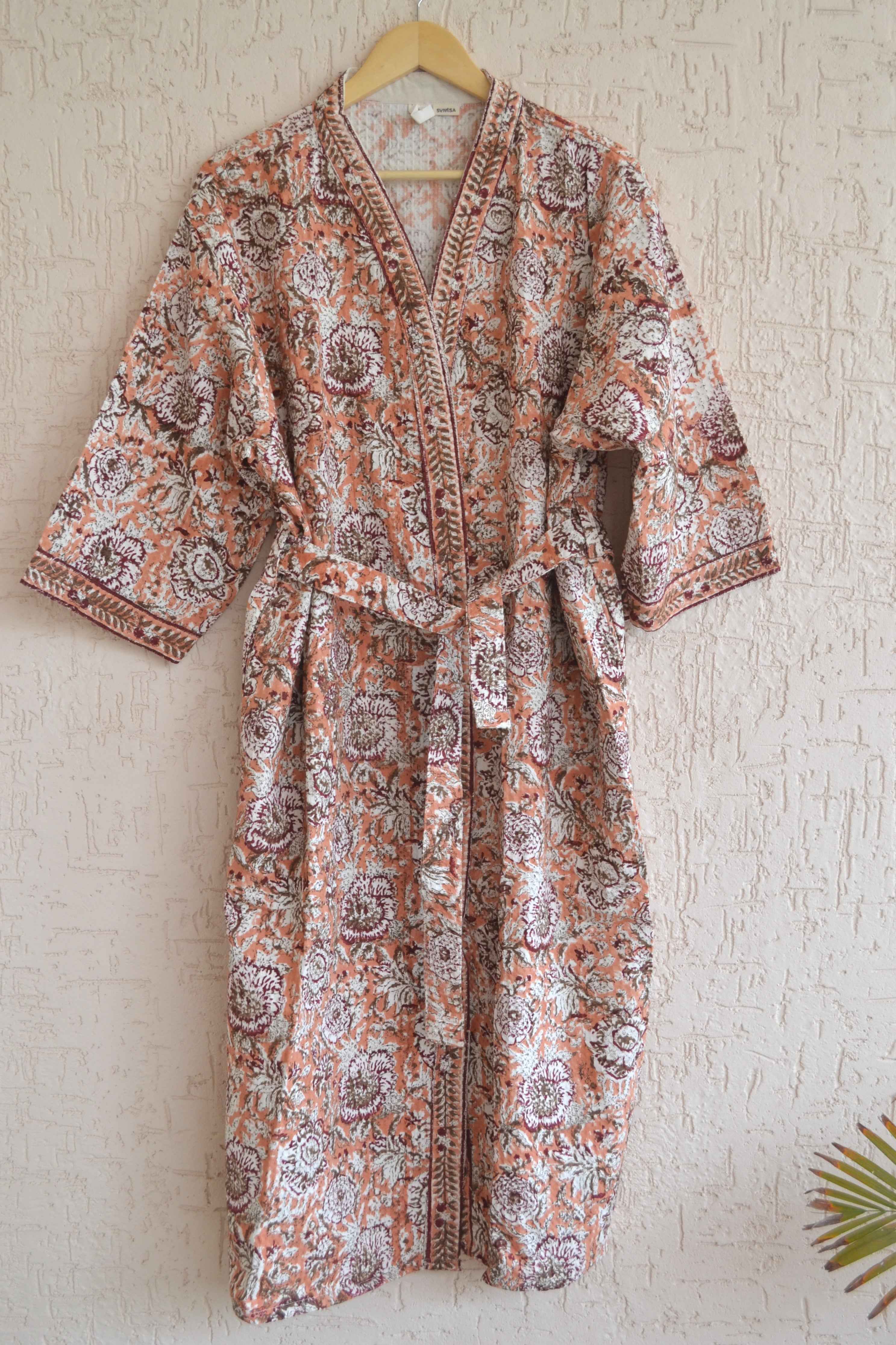 Peach floral hand block print bathrobe