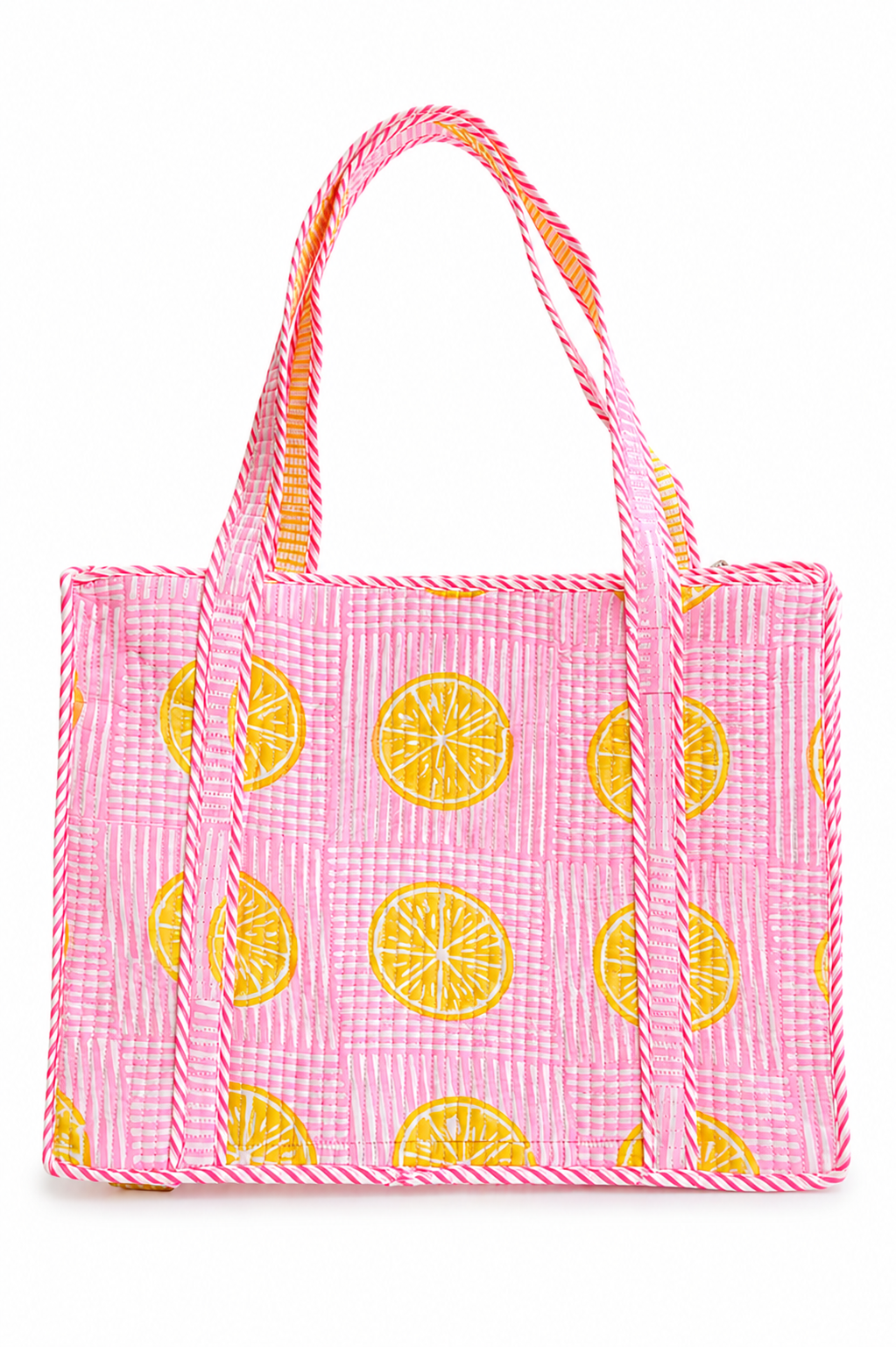 Pink and yellow lemons hand block print large tote