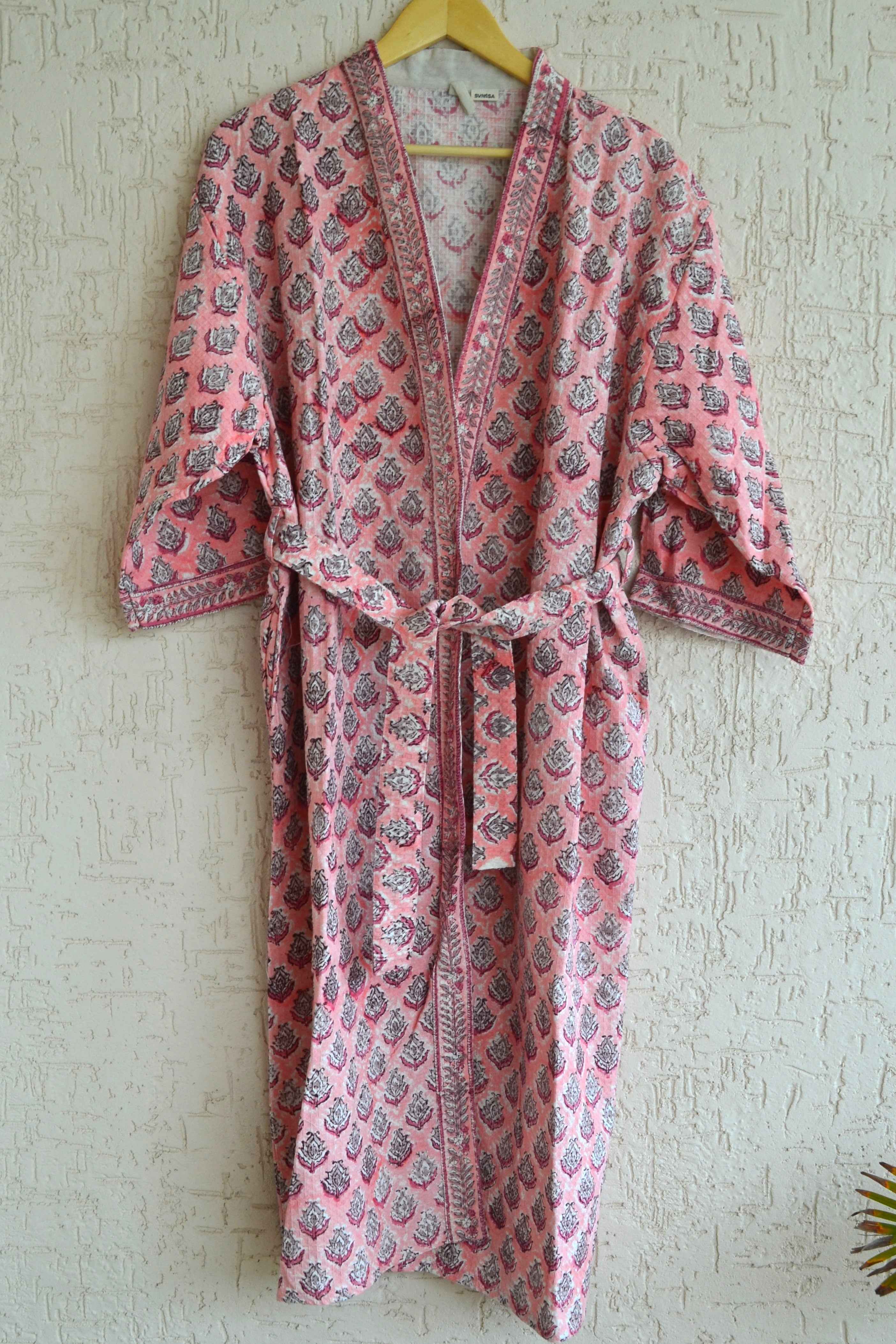 Pink floral hand block print bathrobe