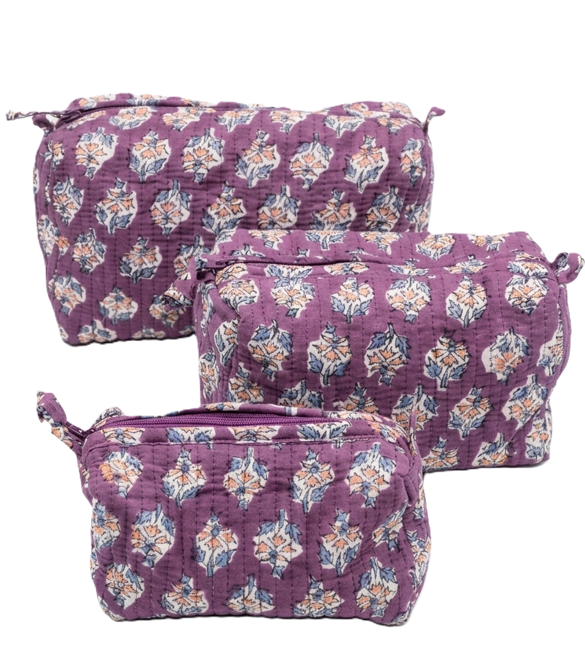 Purple Hand Block Print Quilted Cotton Pouch Set of 3