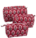 Red and Pink Hand Block Print Quilted Cotton Pouch Set of 3