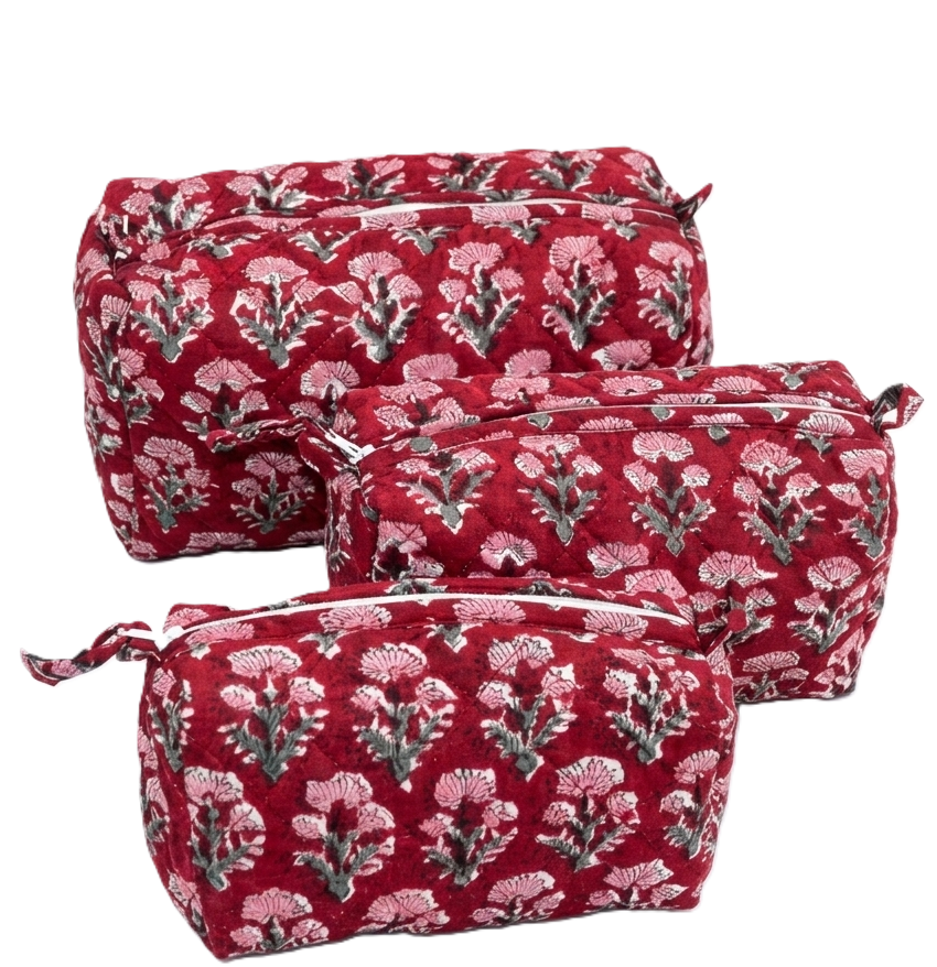 Red and Pink Hand Block Print Quilted Cotton Pouch Set of 3