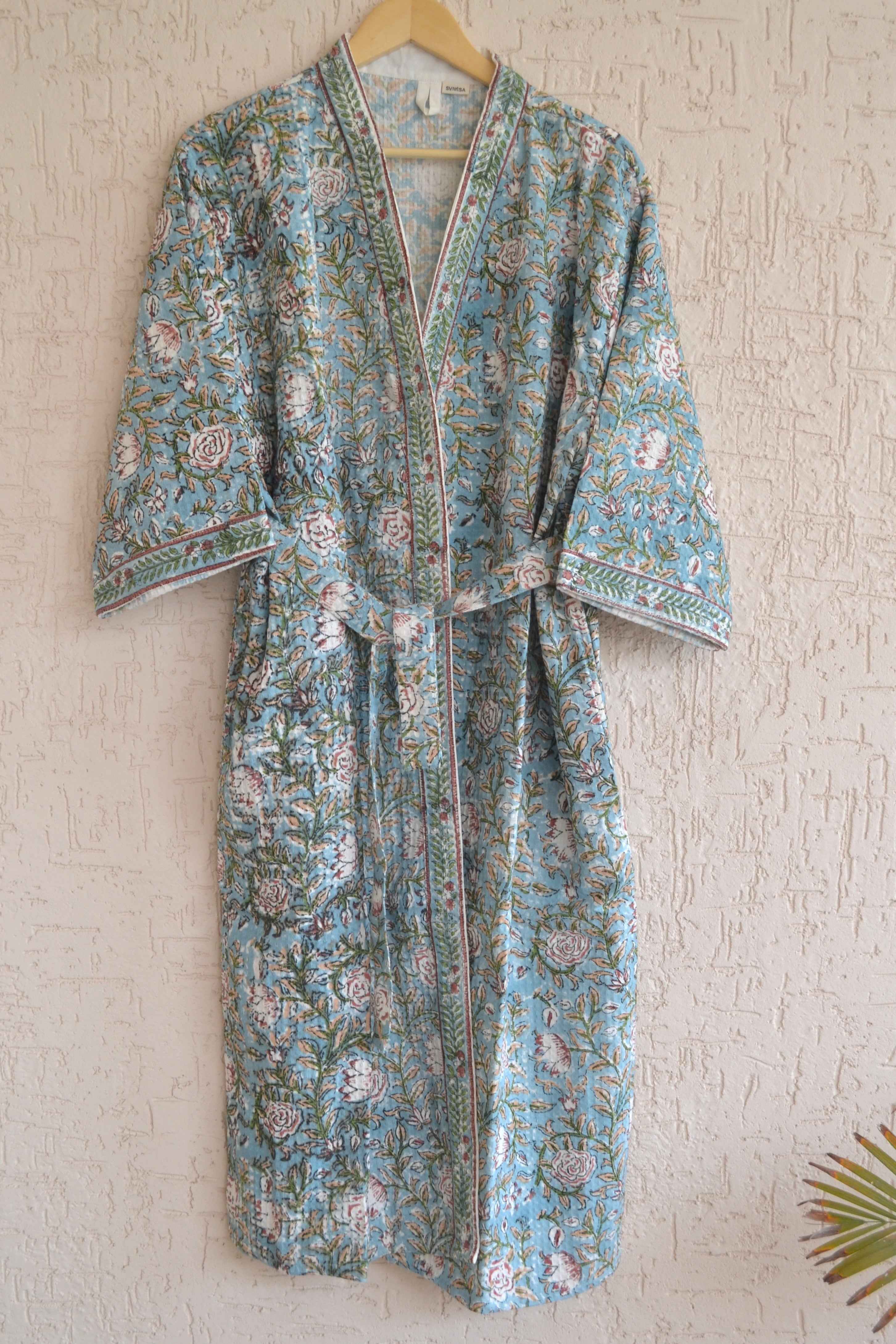 Rose and lotus blue hand block print bathrobe