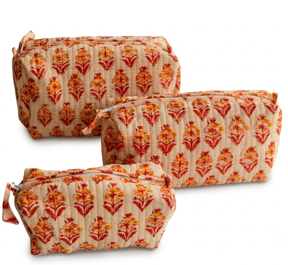 Rust and Red Hand Block Print Quilted Cotton Pouch Set of 3