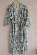 Sage green Chrysanthemum hand block print bathrobe