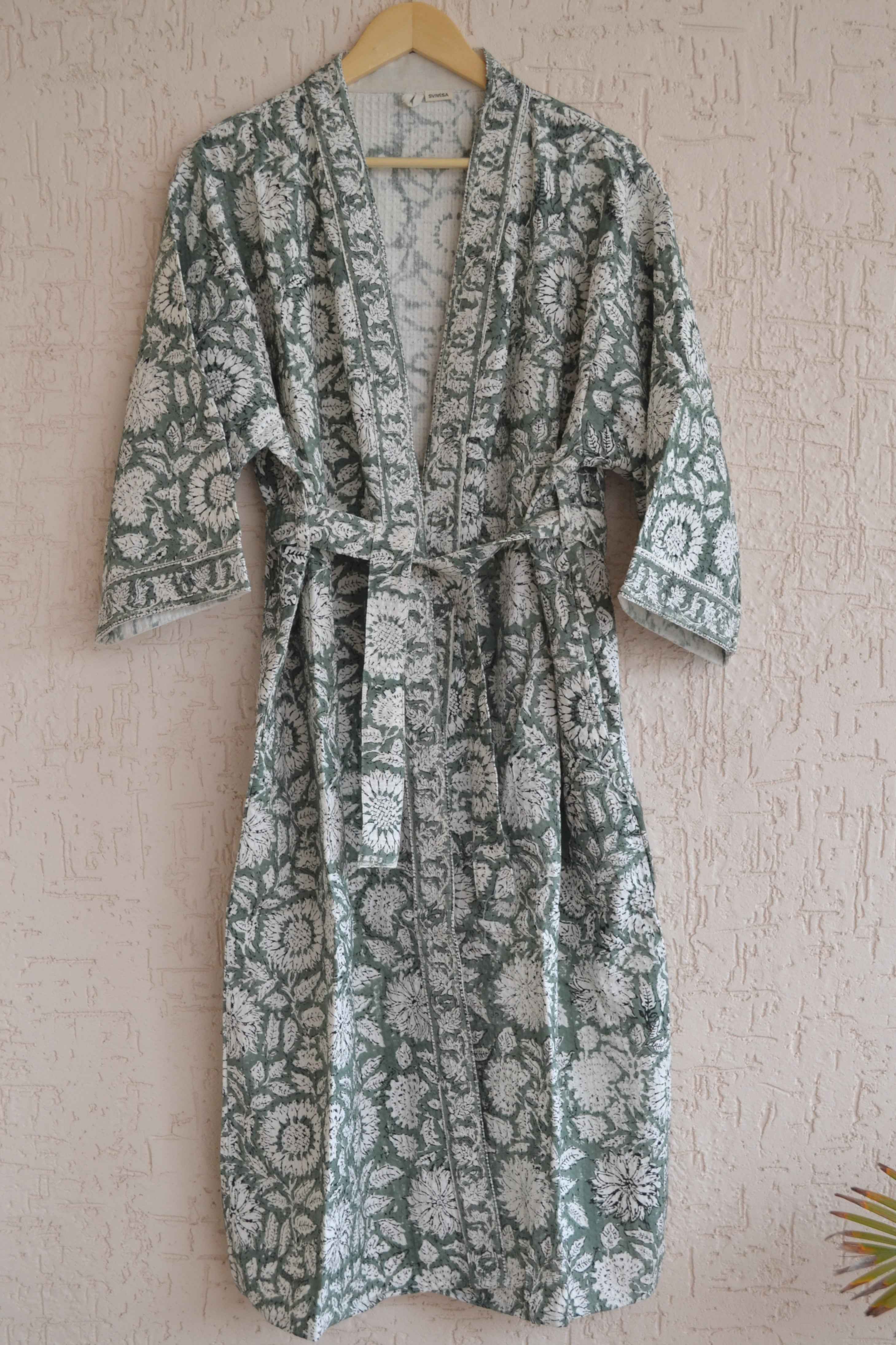 Sage green Chrysanthemum hand block print bathrobe