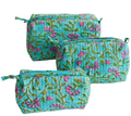 Teal and Pink Hand Block Print Quilted Cotton Pouch Set of 3