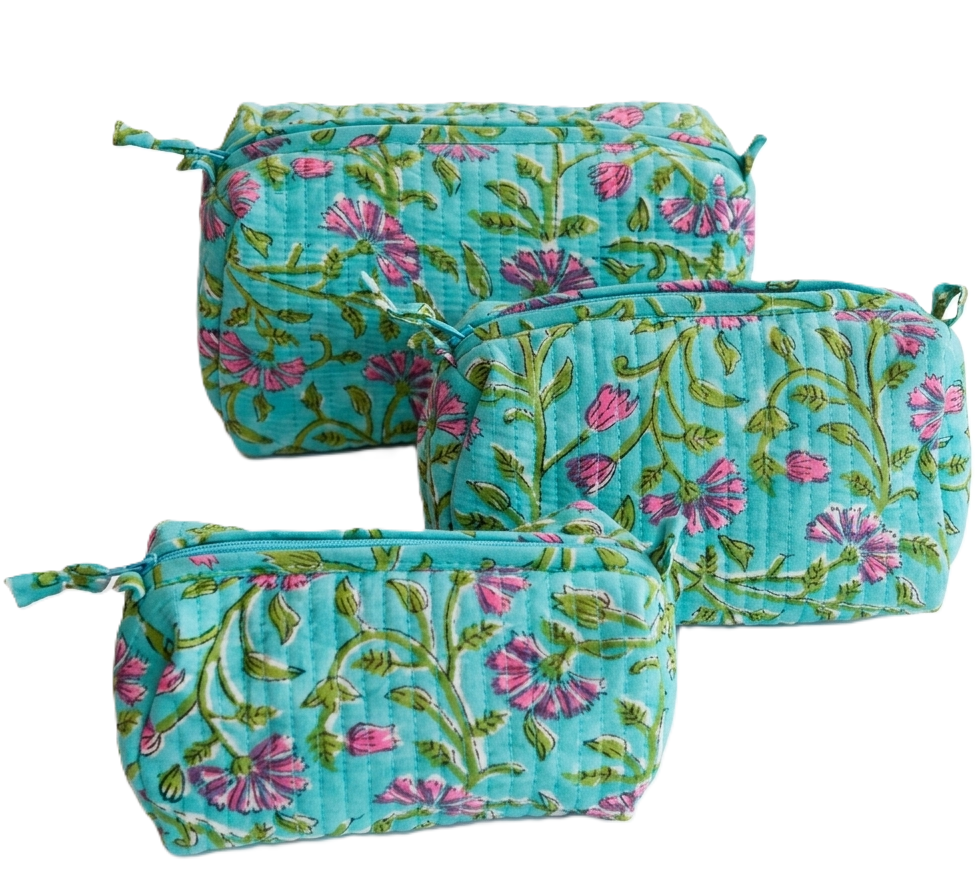 Teal and Pink Hand Block Print Quilted Cotton Pouch Set of 3