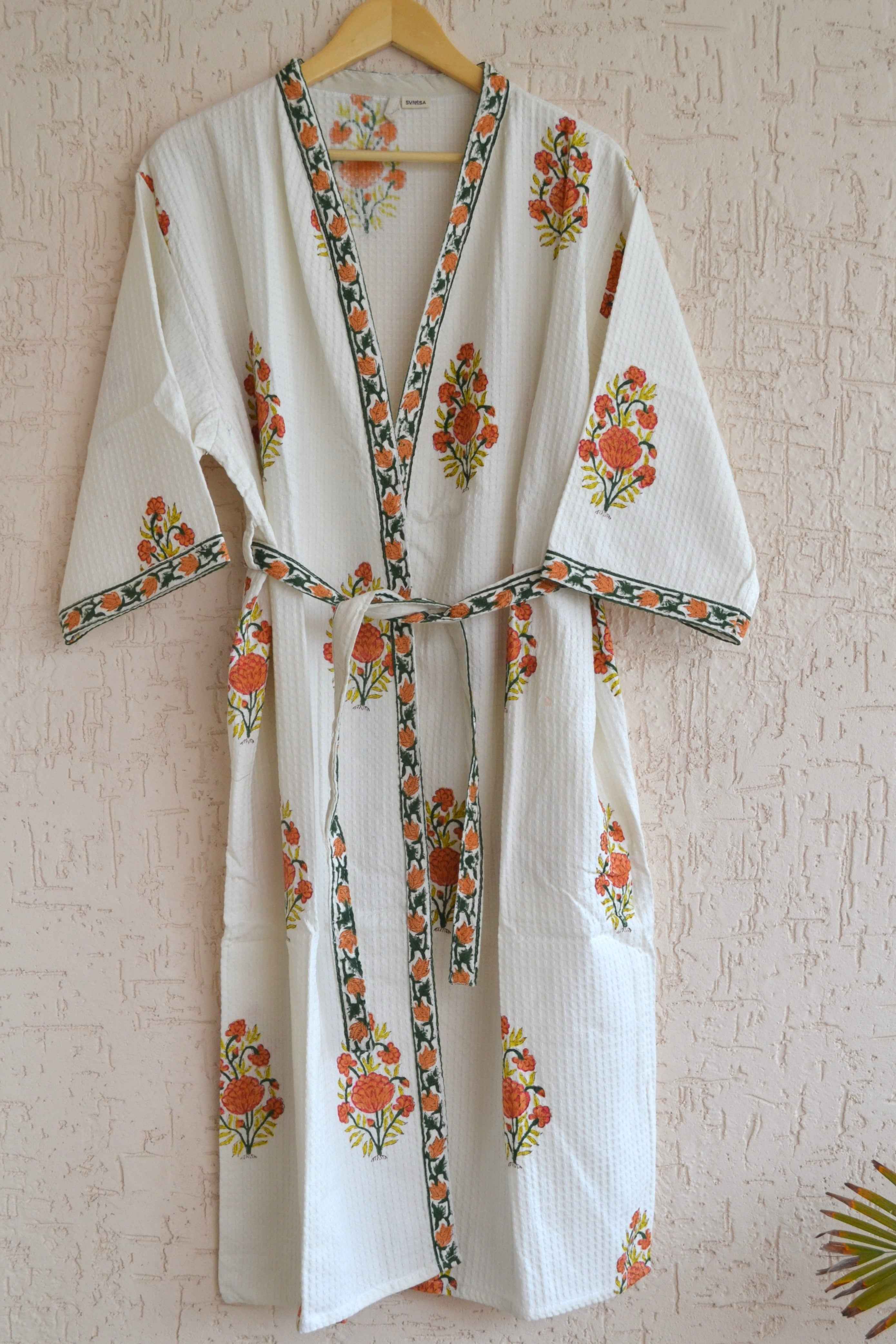 White and Orange hand block print bathrobe