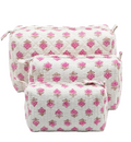 White and Pink Hand Block Print Quilted Cotton Pouch Set of 3