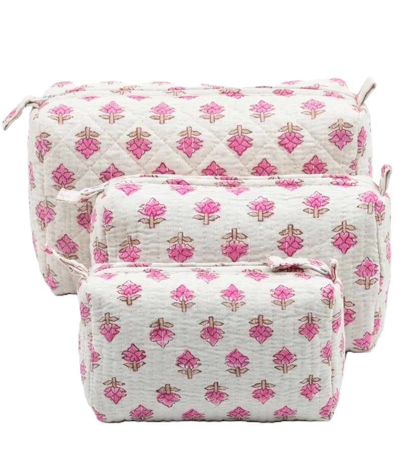 White and Pink Hand Block Print Quilted Cotton Pouch Set of 3