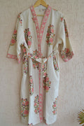 White and pink hand block print bathrobe
