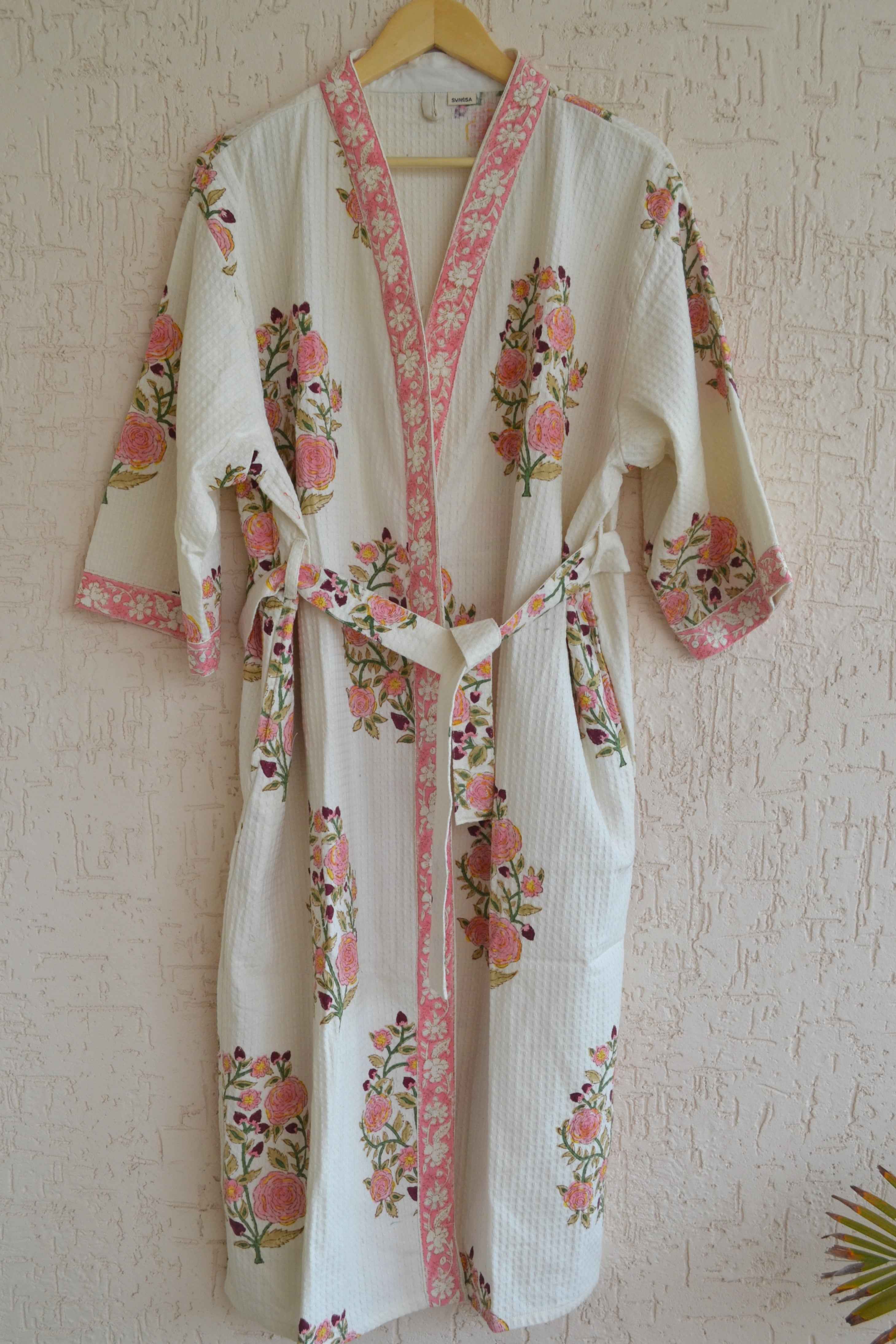 White and pink hand block print bathrobe