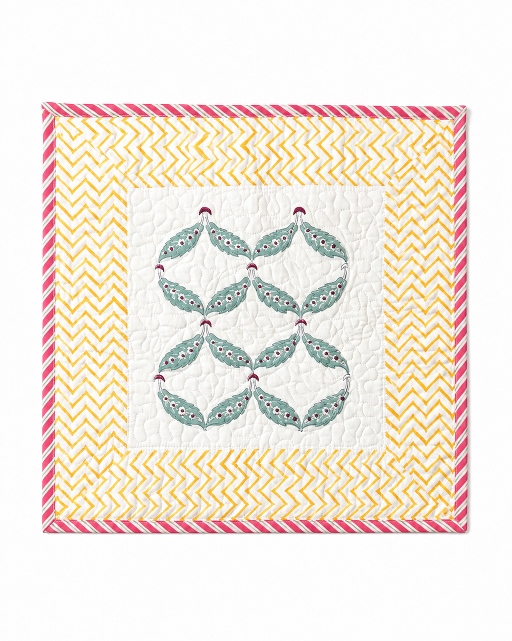 Yellow and pink Hand Block Quilted Cushion Cover