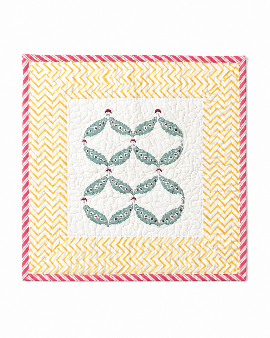 Yellow and pink Hand Block Quilted Cushion Cover