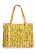 Yellow and pink floral hand block print large tote