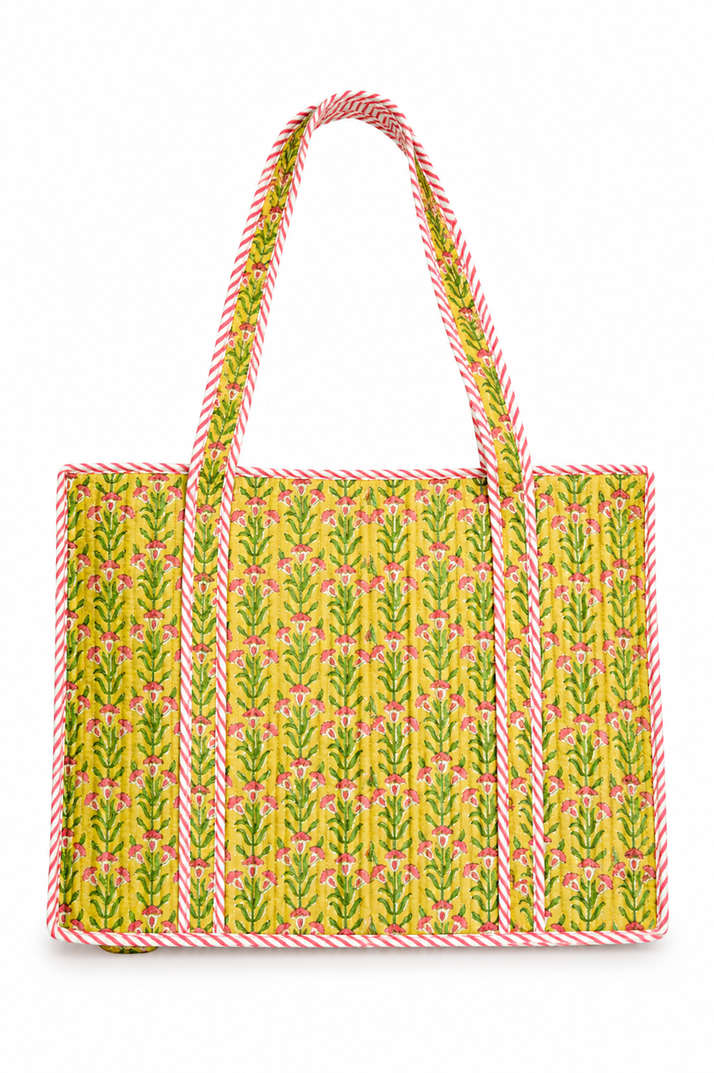 Yellow and pink floral hand block print large tote