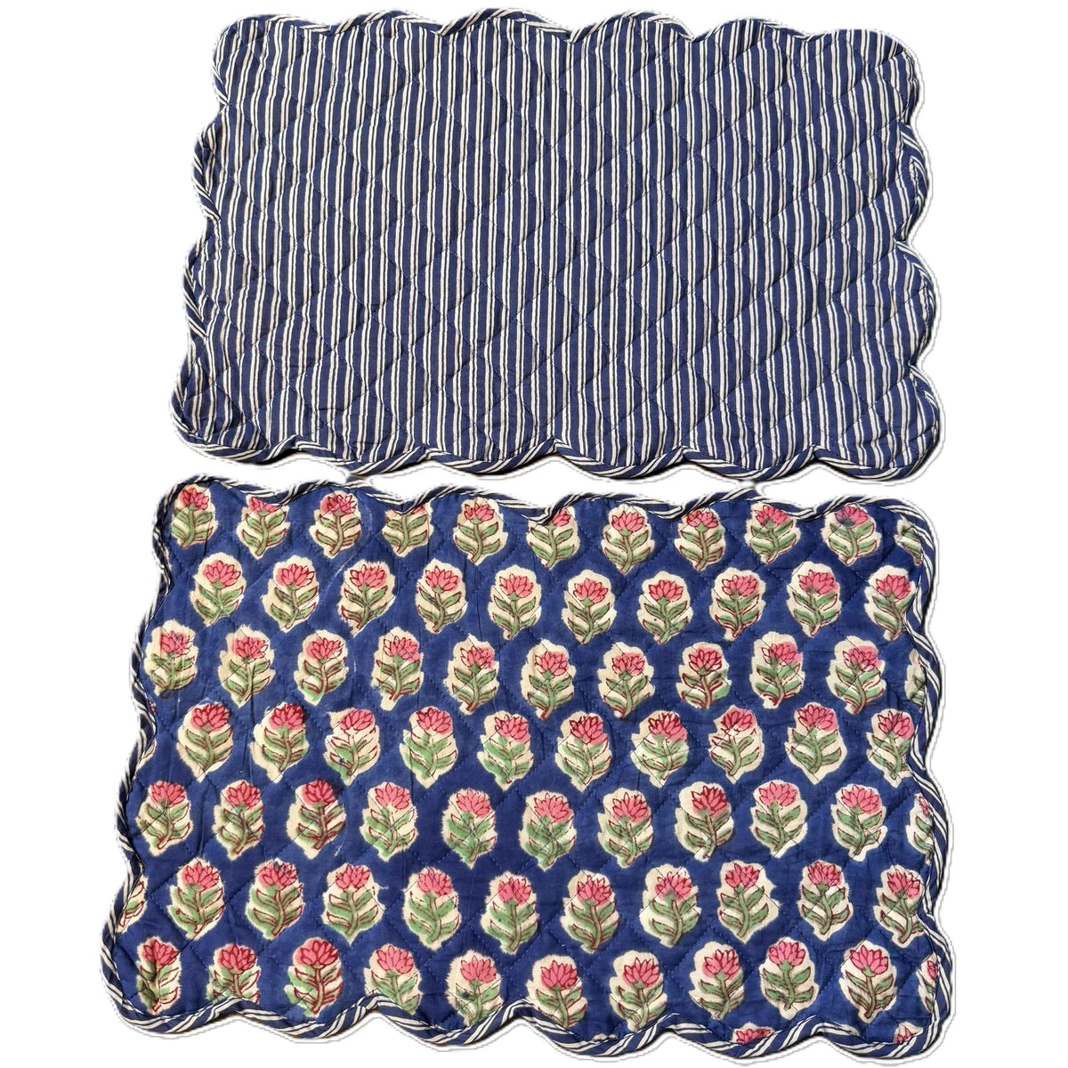 Royal Blue Hand Block Print Quilted Scallop Placemat Pair